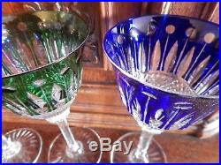 3 verres en cristal taillé de Saint Louis modèle Tommy. H. Vert rouge bleu