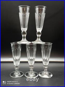 5 flutes à Champagne en cristal de BACCARAT SAINT LOUIS, cotes plates, 19éme