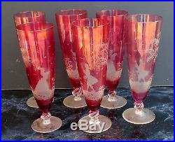 6 Flutes Champagne Cristal Ruby Cranberry No Baccarat Saint Louis Glasses H. 14c