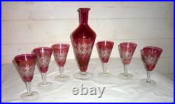 6 verres et carafe liqueur en cristal taillé colorés (st Louis, bohème.)