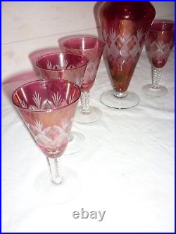6 verres et carafe liqueur en cristal taillé colorés (st Louis, bohème.)