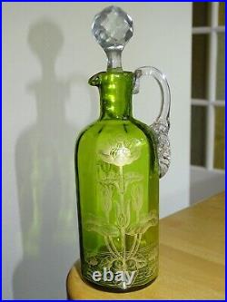 Ancienne Carafe A Liqueur Cristal Vert St Louis Gravure Art Nouveau Nenuphars