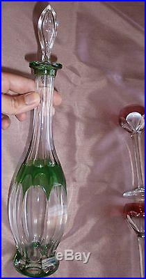 Carafe & 4 verre à liqueur cristal overlay vert & rubis / blanc Saint Louis