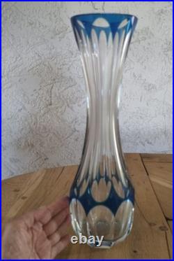 Grand h 35 cm vase CRISTAL taillé bleu etiquette et estampille ST LOUIS