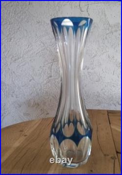 Grand h 35 cm vase CRISTAL taillé bleu etiquette et estampille ST LOUIS