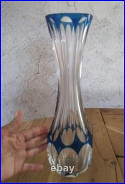 Grand h 35 cm vase CRISTAL taillé bleu etiquette et estampille ST LOUIS