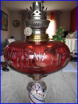 Lampe à pétrole en verre ou cristal soufflé XIX Baccarat Saint Louis patriotique