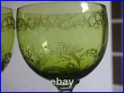 SAINT LOUIS 2 ANCIENS VERRES VIN ROEMER CRISTAL GRAVURE VERT CHARTREUSE 17,8 cm