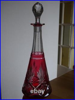 SAINT LOUIS ANCIENNE CARAFE VIN CRISTAL TAILLER ART NOUVEAU COULEUR ROUGE 36 cm