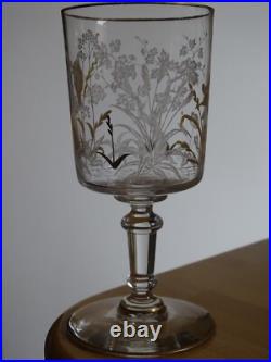 SAINT LOUIS CRISTAL ANCIEN VERRE A EAU GRAVURE PAYSAGE OISEAUX OR ht 15 cm