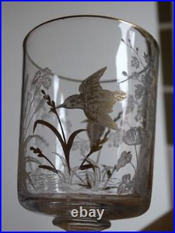 SAINT LOUIS CRISTAL ANCIEN VERRE A EAU GRAVURE PAYSAGE OISEAUX OR ht 15 cm