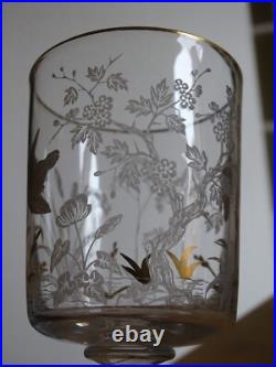 SAINT LOUIS CRISTAL ANCIEN VERRE A EAU GRAVURE PAYSAGE OISEAUX OR ht 15 cm