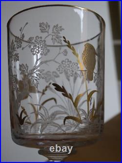 SAINT LOUIS CRISTAL ANCIEN VERRE A EAU GRAVURE PAYSAGE OISEAUX OR ht 15 cm