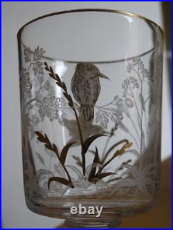 SAINT LOUIS CRISTAL ANCIEN VERRE A EAU GRAVURE PAYSAGE OISEAUX OR ht 15 cm