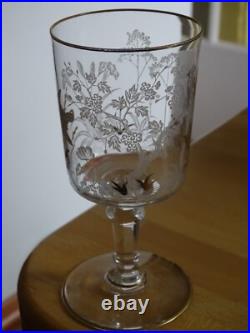 SAINT LOUIS CRISTAL ANCIEN VERRE A EAU GRAVURE PAYSAGE OISEAUX OR ht 15 cm