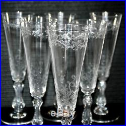 SAINT-LOUIS Rare série de 6 flûtes à champagne Cristal soufflé gravé MICADO 1930