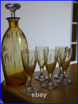 Saint Louis Ancien Service A Liqueur Cristal Orange Gravure Florale Art Nouveau