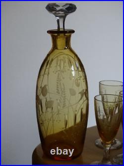 Saint Louis Ancien Service A Liqueur Cristal Orange Gravure Florale Art Nouveau