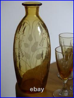 Saint Louis Ancien Service A Liqueur Cristal Orange Gravure Florale Art Nouveau