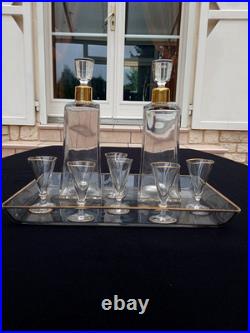 Service Liqueur Plateau-2 Carafes-6 Verres-cristal+dorure Or-baccarat St Louis