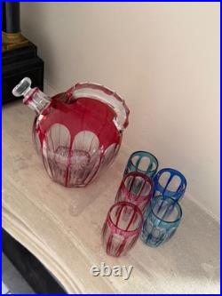 Service à liqueur cristal Saint-Louis carafe et verres overlay coloré Vosges