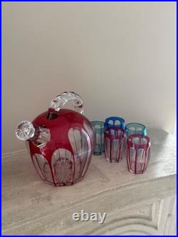 Service à liqueur cristal Saint-Louis carafe et verres overlay coloré Vosges