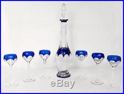 Service à porto 6 verres carafe vin cristal taillé Saint-Louis cobalt XXème