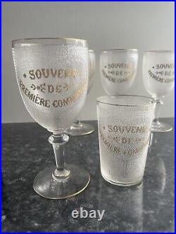 Souvenir premier communion 5 verres cristal Grave Givré dore baccarat St. Louis